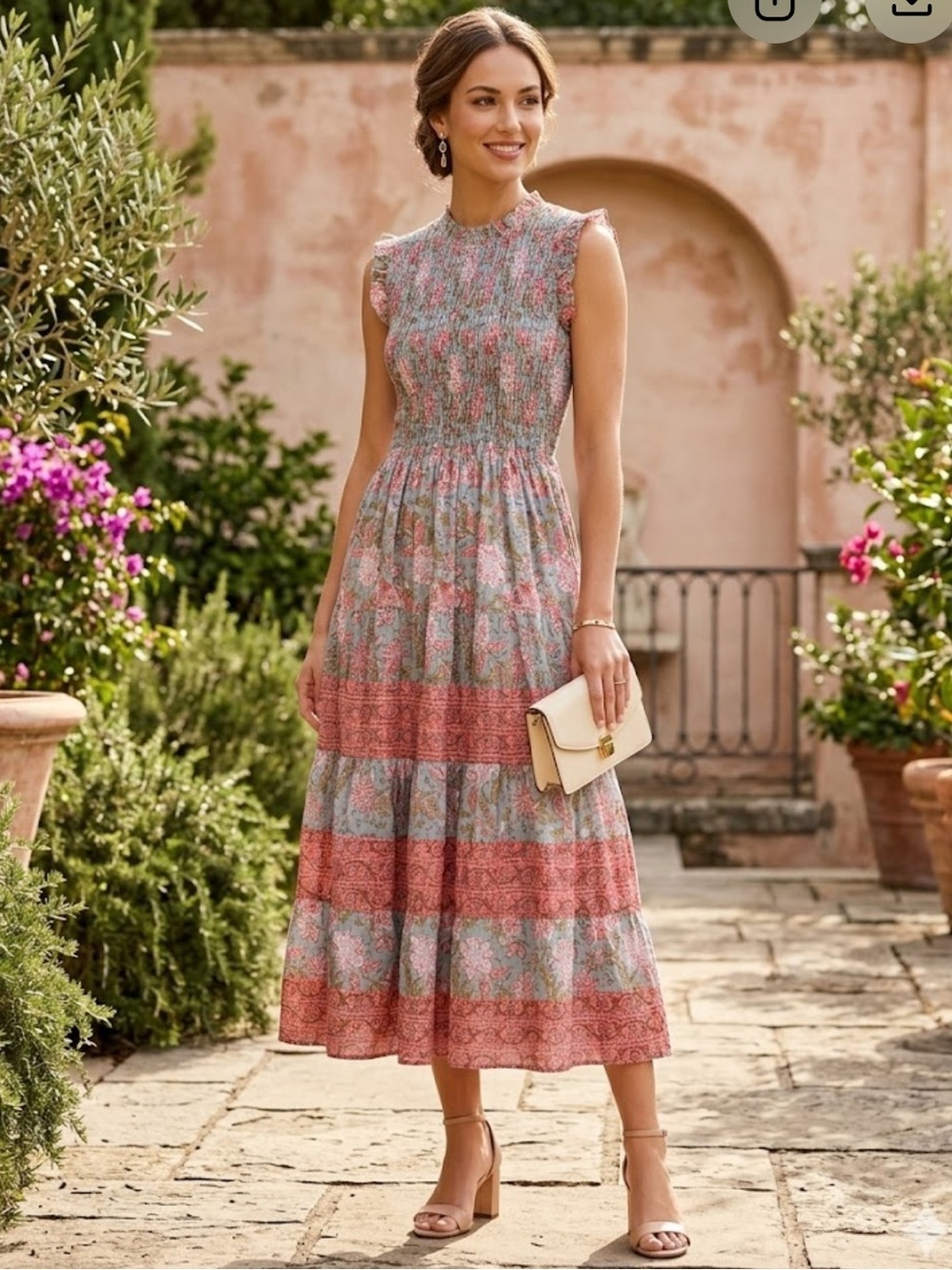 Calypso St. Barth Floral Tiered Maxi Dress in Pink and Blue